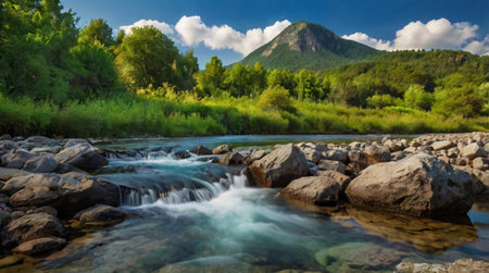 A shimmering river cutting through a bright green valley.の写真素材