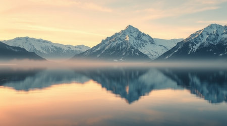 Mountains reflected in the calm lake at sunrise. Landscape.