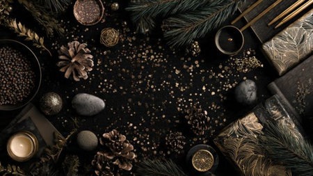 Christmas background with fir branches, cones, candles and decorations on a black backgroundの写真素材