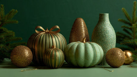 Green and gold Christmas ornaments on a dark green background.の写真素材