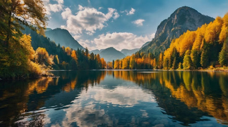 Autumn alpine lake with reflection of mountains and clouds in waterの写真素材