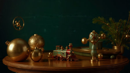 Merry Christmas and Happy New Year. Golden toys on a dark background.