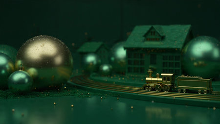 3d render of Christmas background with toy train and christmas balls