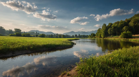 Sunset on the river in the mountains. Summer landscape with green grass and blue sky.