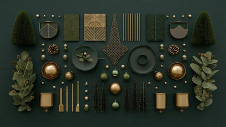 Flat lay composition with christmas decorations on dark green background. Christmas, winter, new year concept.の写真素材