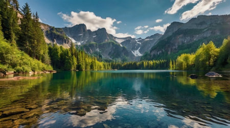 Panoramic view of alpine lake in the Austrian Alps.の写真素材