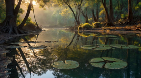 Reflection of the sun in the lake with trees and water liliesの写真素材