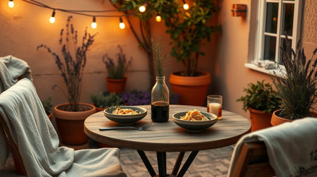 Table with tasty pasta on terrace in restaurant. Space for textの写真素材