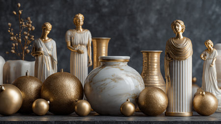 Christmas composition with golden ornaments and ceramic vases on grey backgroundの写真素材