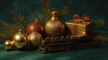 Christmas still life with vintage train, gift box and christmas balls
