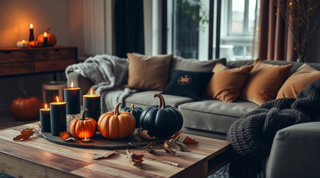 Cozy living room decorated for Halloween with pumpkins, candles and autumn leavesの写真素材