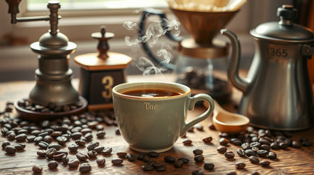 Coffee cup and coffee beans on a wooden table. Vintage filter.の写真素材