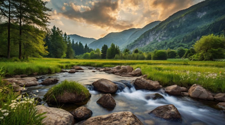 A warm sunset reflecting on calm coastal cliffs.の写真素材