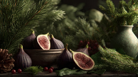 A peaceful holiday room with tall bookshelves, pastel blankets, evergreen accents, and warm golden lights.の写真素材