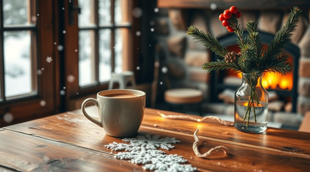 Cup of coffee and Christmas decorations on the wooden table. Winter backgroundの写真素材