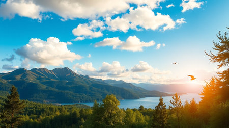 Beautiful summer landscape with lake and mountains in the backgroundの写真素材
