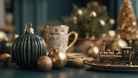 Vintage Christmas or New Year background. Golden Christmas toys on a dark table.の写真素材