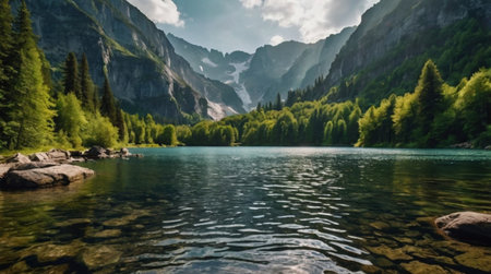 Panoramic view of beautiful alpine lake in Dolomites, Italyの写真素材
