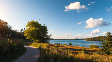 A shimmering lake surrounded by frost-covered trees.の写真素材