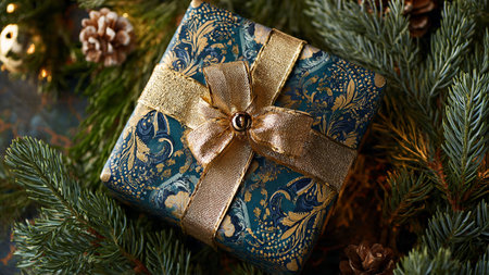 A warm family room featuring a wooden coffee table, holiday toys, books, and a glowing festive tree.の写真素材