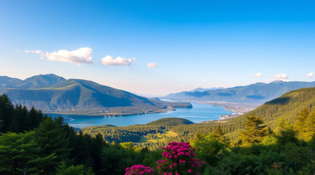 A peaceful countryside farm surrounded by green hills.の写真素材