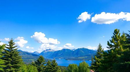 A quiet village beside calm blue waters.の写真素材