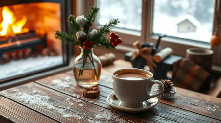 Cup of coffee on wooden table in front of fireplace at homeの写真素材