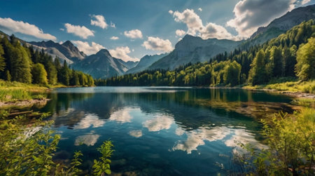 A quiet valley bathed in soft morning rays.の写真素材