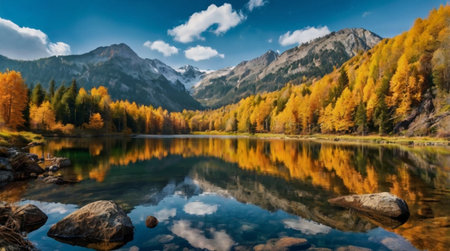A peaceful lakeside cabin reflecting on still water.の写真素材