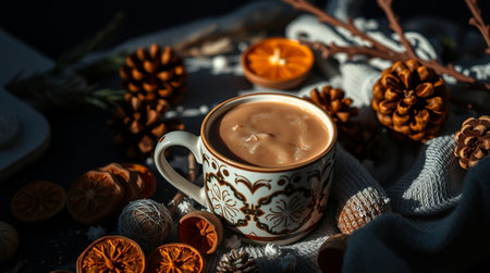 A cozy home setting with toys, blankets, and golden Christmas lights reflecting softly against beige walls.の写真素材