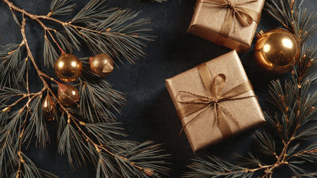 Christmas background with fir branches, golden balls and gift boxes on dark background