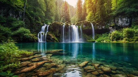 A clear waterfall hidden between towering cliffs.の写真素材