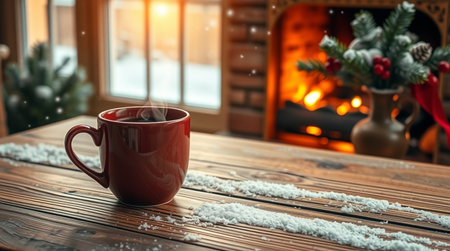 Cup of hot drink with snow on wooden table in front of fireplaceの写真素材