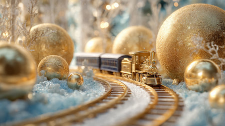 Golden toy train with christmas balls on snow. 3d illustration.の写真素材