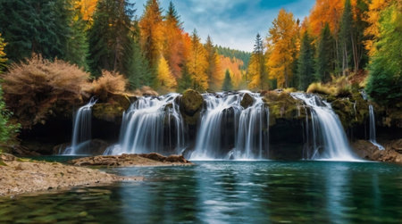 A calm forest glade illuminated by soft golden light.の写真素材