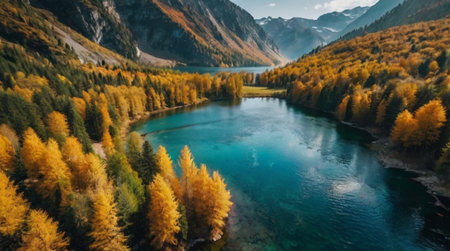 Aerial view of alpine lake in autumn. Beautiful mountain landscape