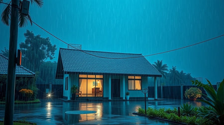 tropical villa with rain in the evening,3d renderの写真素材