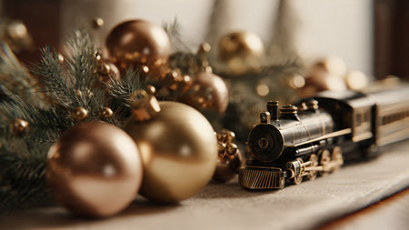Vintage toy train with christmas ornaments on wooden backgroundの写真素材