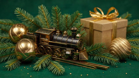 Christmas decoration with old steam locomotive and gift box on green background