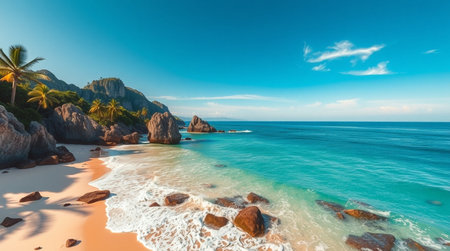 Panoramic view of beautiful beach with turquoise water, rocks and palm trees.の写真素材
