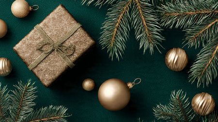 Christmas background with fir branches, golden balls and gift box. Top view.