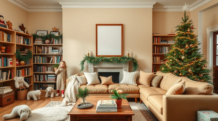 Interior of living room with Christmas tree, sofa and bookshelfの写真素材