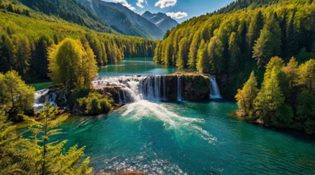 Aerial view of a beautiful waterfall in the mountains. Beautiful summer landscape.の写真素材