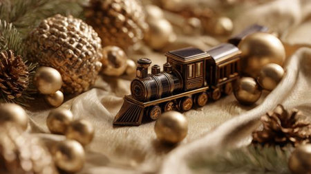 Wooden toy train with christmas ornaments on golden background
