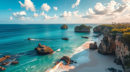 Fantastic panoramic aerial view of beautiful beach. Dramatic seascape with turquoise water and rocks. Beauty of nature concept background.の写真素材