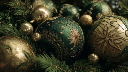 Green and golden christmas ornaments on christmas tree.の写真素材