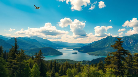 A serene lake surrounded by lush greenery and towering mountains under a clear blue sky.