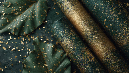 Grunge background with green leaves and gold glitter. Top view.の写真素材