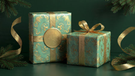 Christmas gift box with golden ribbon and bow. 3D rendering.