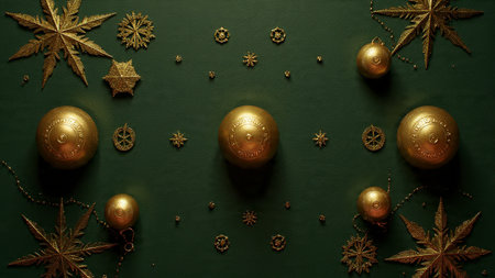 Christmas decoration on dark green background. Top view. Flat lay.の写真素材